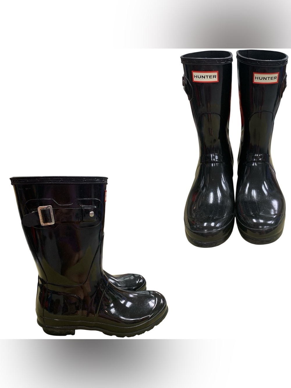 Hunter Glossy Black Mid-Calf Rain Boots with Side Buckle S9